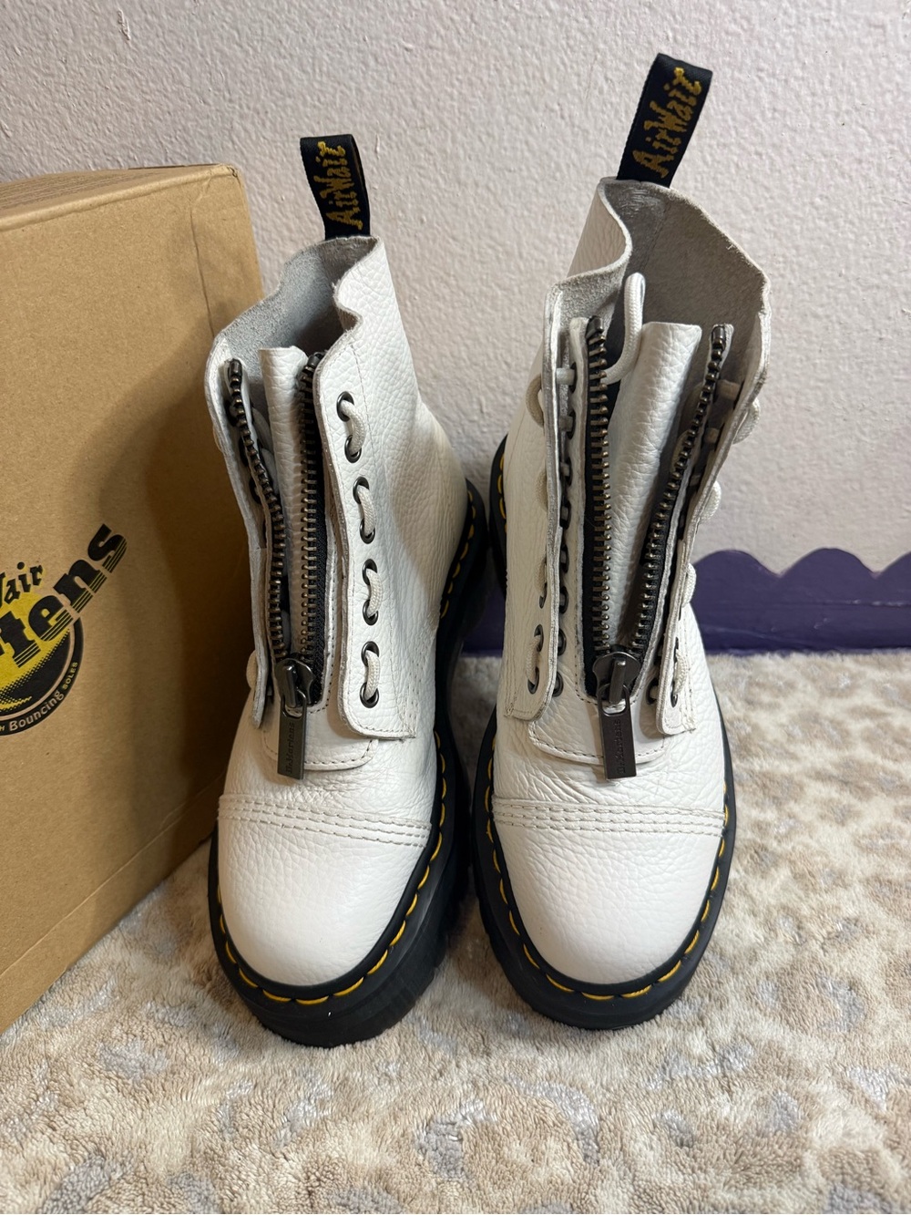 Dr. Martens White Leather Front-Zip Platform Combat Boots